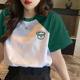 2025 hottest small short-sleeved T-shirt for women's summer contrasting ragdoll sleeves green niche unique special top loose