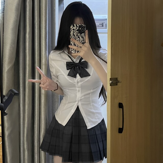 Summer original JK uniform Waist white shirt female short -sleeved hot girl college wind shirt dog short skirt set
