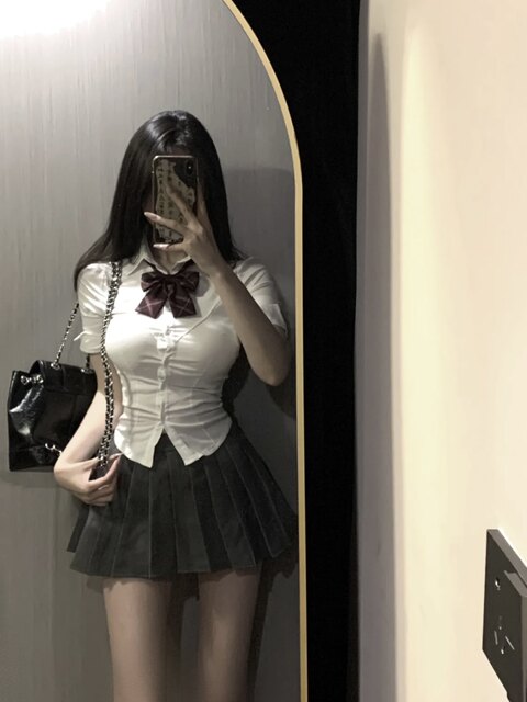 Summer jk uniform waist shirt women's top short-sleeved college style slim white shirt hot girl skirt suit
