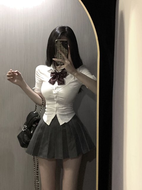 Summer jk uniform waist shirt women's top short-sleeved college style slim white shirt hot girl skirt suit
