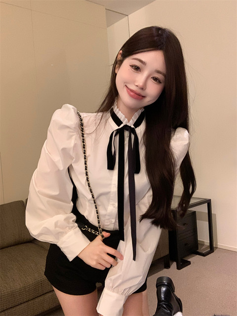 French stand-up collar white long-sleeved shirt for women in autumn and winter waist-hugging unique slim fit and slim shirt design niche top
