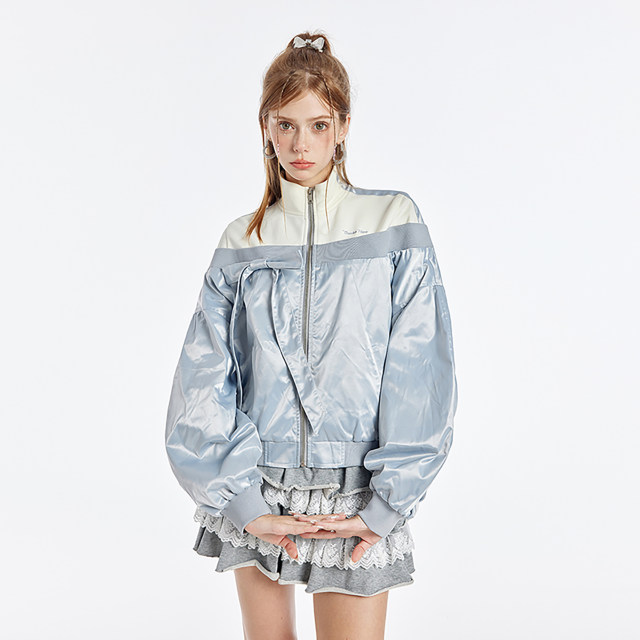 Guukahero light gray stitching satin stand -up collar collar female disassembly bow, stylish loose and versatile jacket