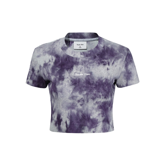 Guukahero purple tie -dyeing round neck short -sleeved T -shirt female summer American embroidery slim body thin versatile short top