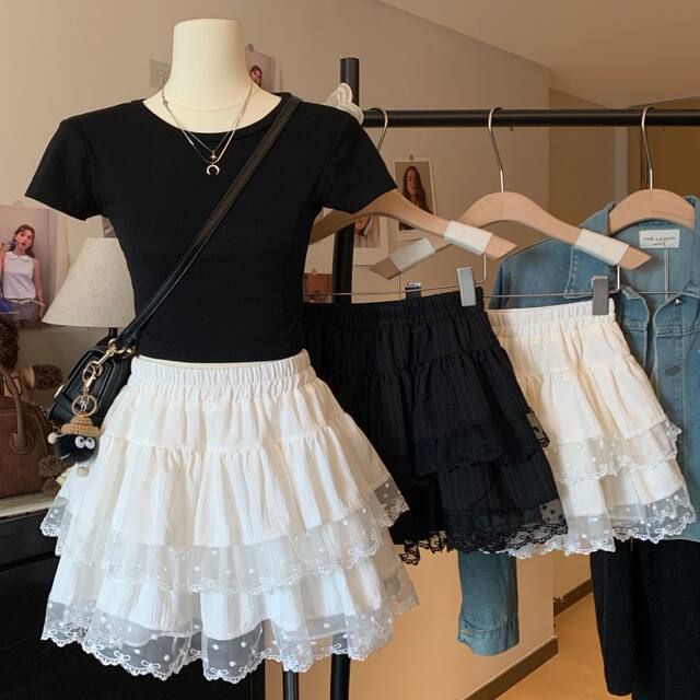 Lace fluffy cake short skirt for women in autumn new large size fat mm high waist slim small A-line gauze skirt
