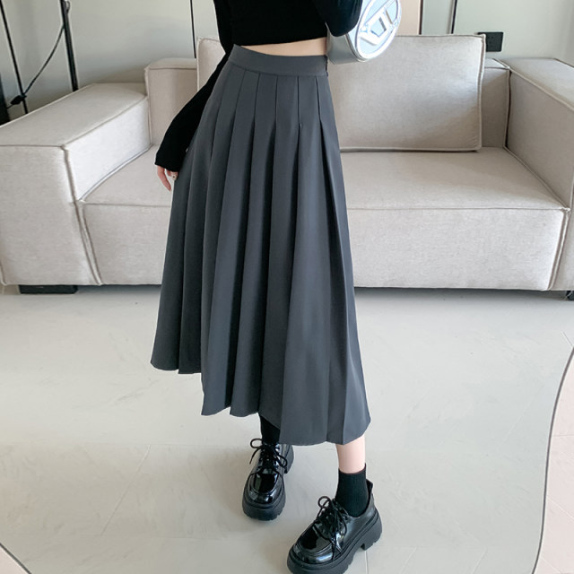 Gray pleated skirt women's long skirt summer 2023 new high-waisted slim spring and autumn skirt small a-line umbrella skirt