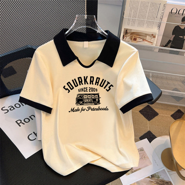 Large size polo shirt, front shoulder pure cotton short-sleeved T-shirt for women in summer, slightly fat mm fashionable and versatile slim short top

