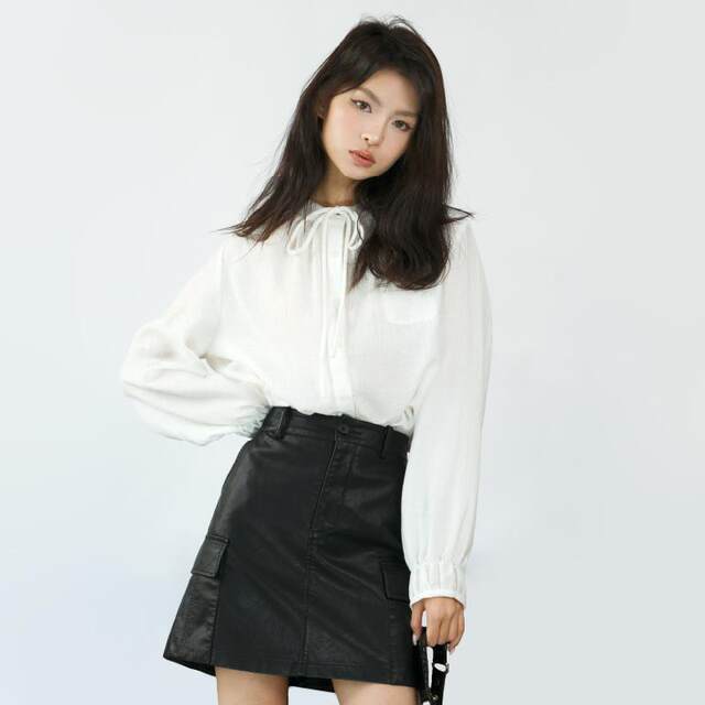 
PATAVINITY black high waist A-line PU leather skirt for women spring and autumn high waist skirt skirt temperament commuter skirt short skirt