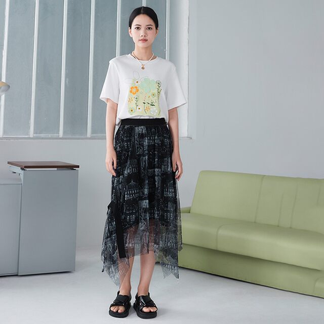 PATAVINITY summer hem asymmetric printed mesh skirt women's clothing 8F3231018
