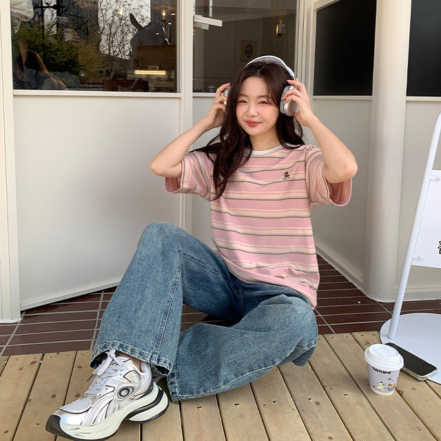 Yoe short-sleeved T-shirt women's top pink summer new round neck loose striped niche puppy embroidery large version of women's clothing
