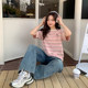 Yoe short-sleeved T-shirt women's top pink summer new round neck loose striped niche puppy embroidery large version of women's clothing
