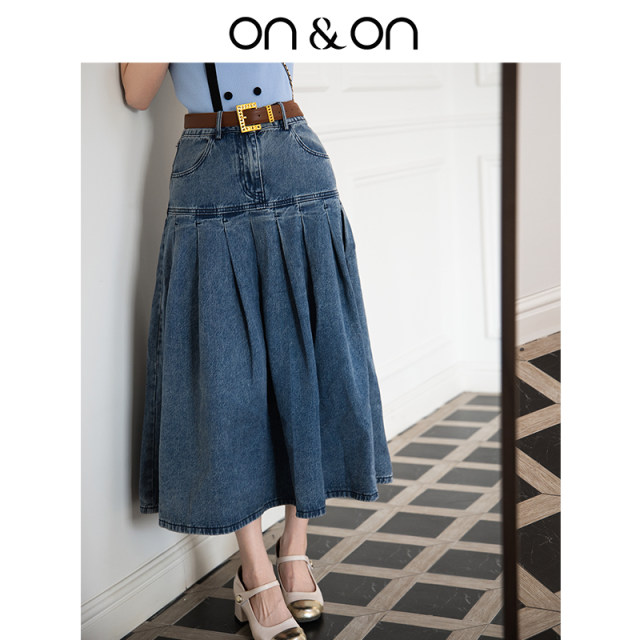 ON/ON/Annaian 2025 summer new style commuter pleated double pocket design denim skirt