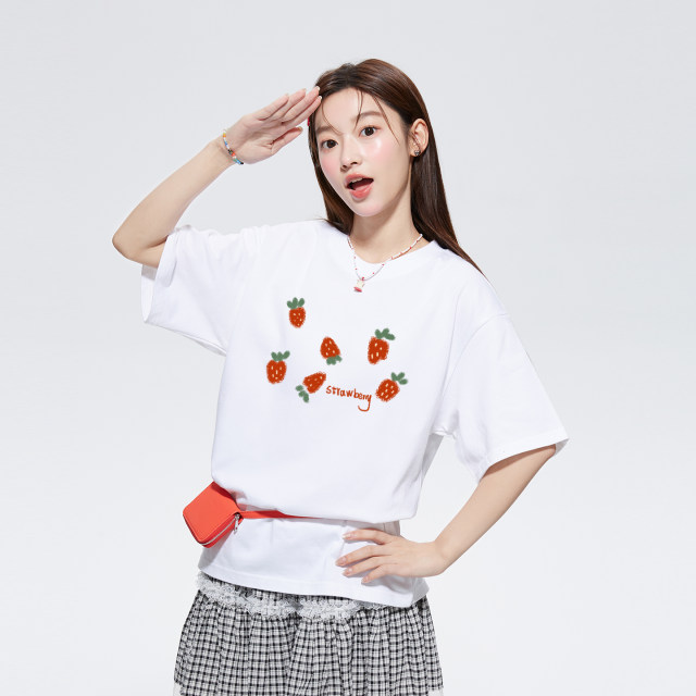 Raspberry Store Cartoon Korean Strawberry Round Neck Short Sleeve T-shirt 2025 Pink New Versatile Sweet Loose Top