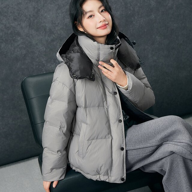 Basic House/Baijiahao hooded contrasting color down jacket Korean version thickened short white duck down jacket to keep warm in winter