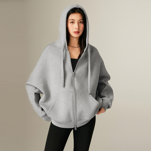 Basic House/Baijiahao American retro solid color hooded sweatshirt for women's spring loose zipper cardigan jacket