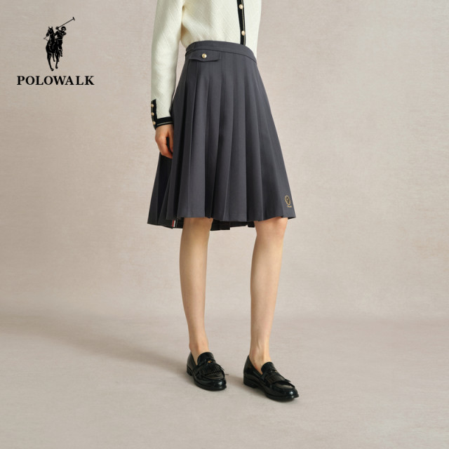POLOWALK women's pleated skirt spring and autumn new texture college style embroidered short skirt women's fashionable skirt