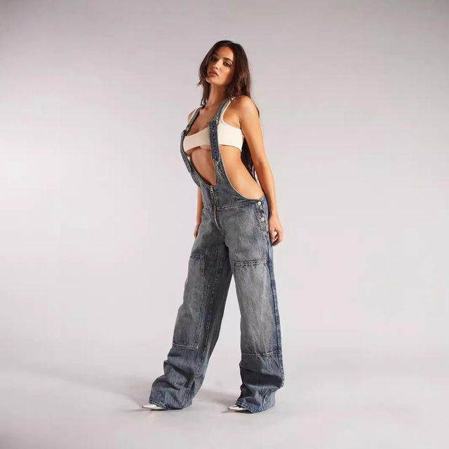 European and American Amazon cross-border zipper denim overalls for women's autumn loose casual pocket wide-leg trousers for women
