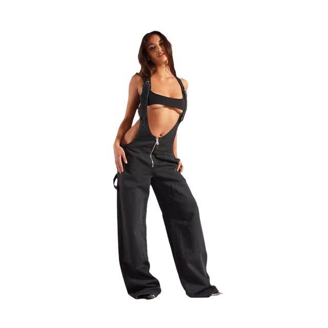 European and American Amazon cross-border zipper denim overalls for women's autumn loose casual pocket wide-leg trousers for women
