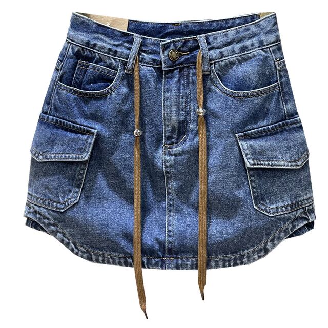 2024 autumn and winter new style loose P high waist slim lace-up denim skirt female hot girl a-line hip short skirt