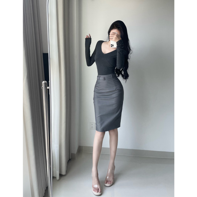 Front and back belts with high-end grey sexy hip skirt OL commuting versatile slit skirt midi skirt