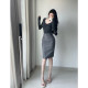 Front and back belts with high-end grey sexy hip skirt OL commuting versatile slit skirt midi skirt