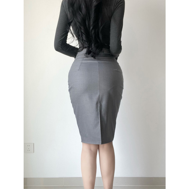 Front and back belts with high-end grey sexy hip skirt OL commuting versatile slit skirt midi skirt