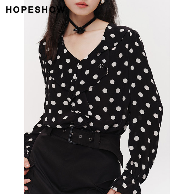Red Sleeve 2024 Spring New Women's Polka Dot Printed V-neck Pullover Top
