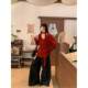 Red retro Christmas design long-sleeved V-neck sweater for women in spring loose lazy style soft glutinous sweater top