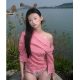 Red plaid slanted shoulder mid-sleeved shirt for women 2025 summer new plaid shirt slim waist-hugging top