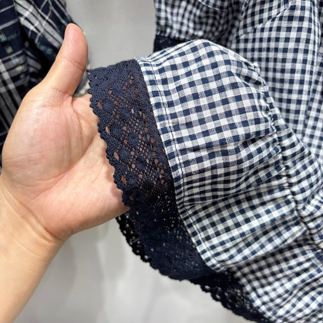 Lace spliced ​​puff sleeve plaid shirt for women 2025 summer round neck ruffle age-reducing doll shirt short-sleeved top

