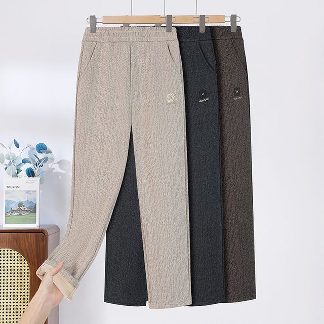 
Middle-aged and elderly women's autumn and winter velvet thickened high-waisted straight pants 2025 new mother's elastic waist casual trousers