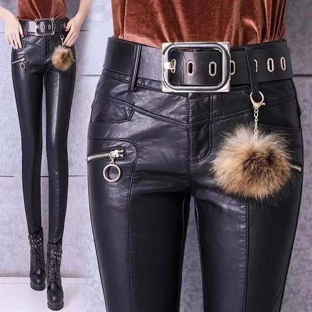 Belove pants female wearing velvet thickened PU leather pants 2024 autumn and winter new black high -waisted tight pencil trousers