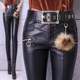 Belove pants female wearing velvet thickened PU leather pants 2024 autumn and winter new black high -waisted tight pencil trousers