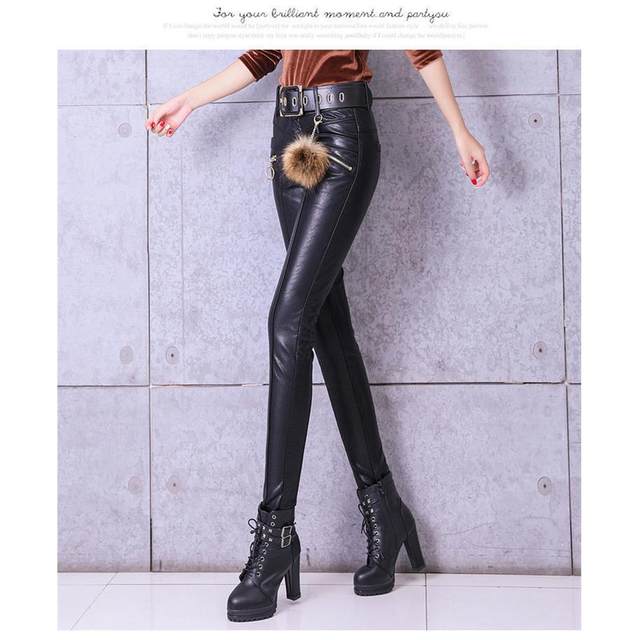 Belove pants female wearing velvet thickened PU leather pants 2024 autumn and winter new black high -waisted tight pencil trousers