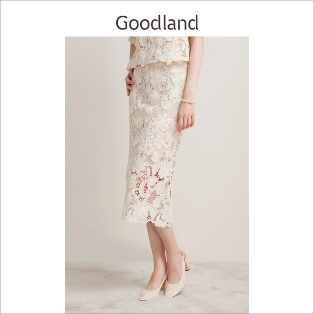 Goodland beautiful women's elegant off-white lace quarter-sleeved top/straight skirt long
