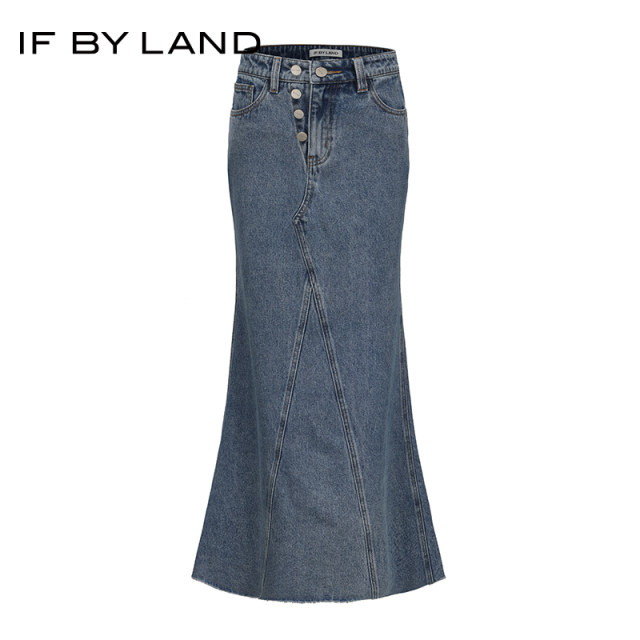 IF BY LAND Spring and Summer White Blue Button Decorated Fishtail Long Skirt