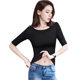 Black slim mid -sleeved top female spring and summer one shoulder seven -point sleeve tight short T -shirt large -size inside with a bottom shirt