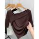 Mid-sleeved T-shirt for women black v-neck summer 2023 new slim base shirt French temperament chic slanted neck top for women

