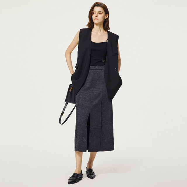 U/TI dark gray old slit skirt for women versatile retro slim straight skirt Youti 2024 autumn new style
