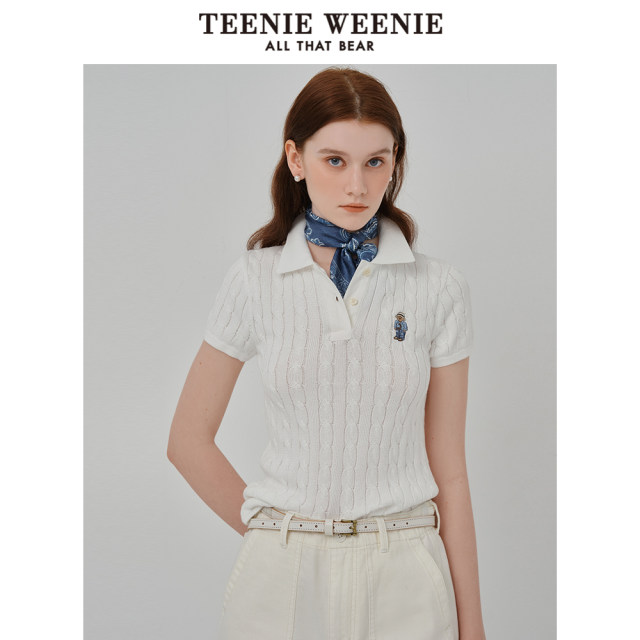 Teenieweenie Women's sweater 2025 spring and summer new twisted texture, light luxury short sleeve POLO shirt