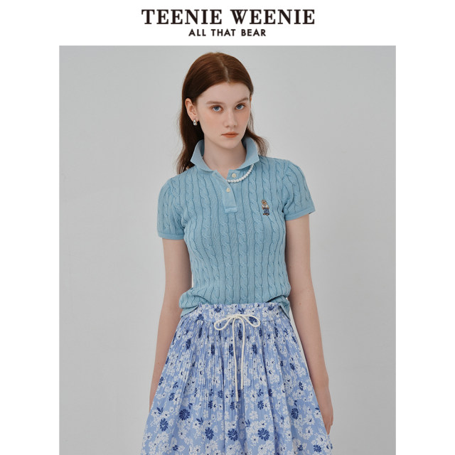 Teenieweenie Women's sweater 2025 spring and summer new twisted texture, light luxury short sleeve POLO shirt