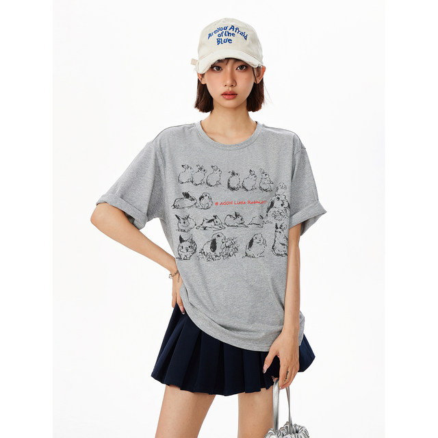 AGOH original hand -painted rabbit pattern casual loose couple round neck short -sleeved daily versatile gray T -shirt top