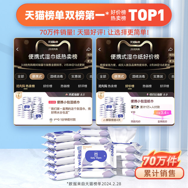 Deyou baby wipes portable small bag for women to go out for hand, mouth and fart special children and students wet wipes 10 packs of 10