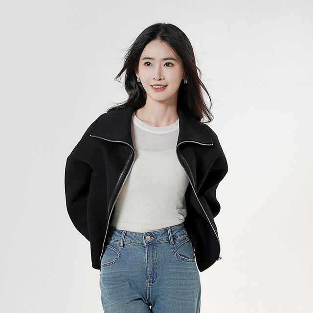 Patner Spring New Women's Camel Velvet Silk Coat Large Lapel Woolen Jacket Zipper Short Woolen Jacket