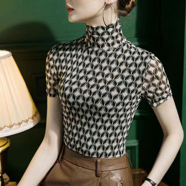 2025 autumn new high-neck mesh base shirt for women plaid short-sleeved gold-hot stamping fashionable printed spring and autumn inner top
