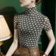 2025 autumn new high-neck mesh base shirt for women plaid short-sleeved gold-hot stamping fashionable printed spring and autumn inner top
