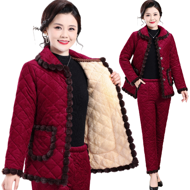 
Mom's winter clothes plus velvet thickened cotton jacket corduroy suit middle-aged and elderly women's warm home cotton jacket and cotton pants two-piece set