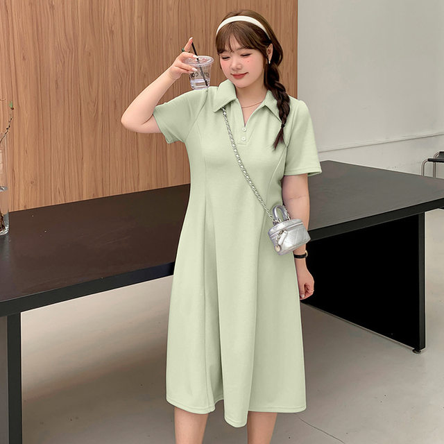 Large size fat mm age-reducing Polo collar dress 2024 summer new lady waist slimming A-line skirt 210199
