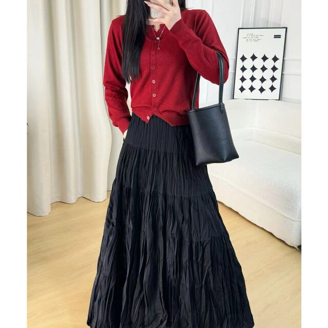 Spring new solid color large hem skirt with pockets slim skirt high waist versatile A-line retro pleated long skirt
