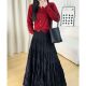 Spring new solid color large hem skirt with pockets slim skirt high waist versatile A-line retro pleated long skirt
