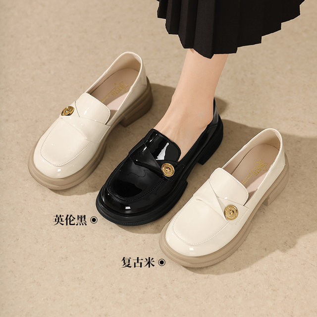 Dadong Women's Single Shoes Loafers 2025 Autumn New Versatile Thick Heel Single Shoes Thick Soled Retro College Leather Shoes 0200